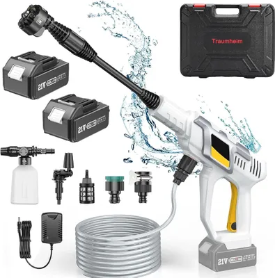 Produktbild von Tragbarer Akku Hochdruckreiniger mit 2x 21V 4000mAh Akku, 6-in-1 Multi-Sprühdüse, 0-180° Düse, 2x Wasserhahn-Adapter, Wasserhahn-Adapter, 5M Schlauch
