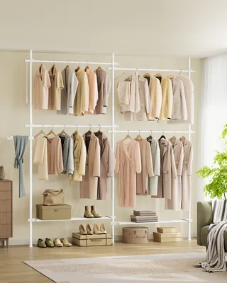 A well-organized wardrobe rack with various clothing items and accessories displayed on shelves.
