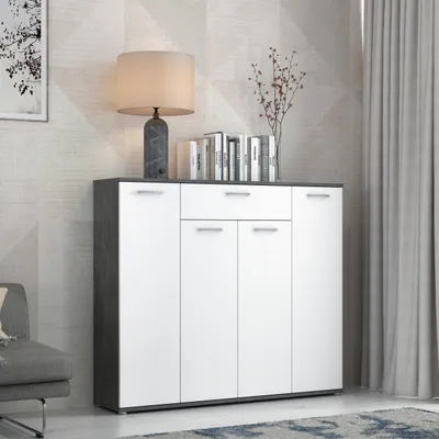 Produktbild von Forte ANTUZA Sideboard 140, modernes Sideboard, 4-türig, 1 Schublade, Holzwerkstoff, Wohn-/Esszimmer, Weiß mit Betonoptik, 139,3 cm breit x 120,7 cm hoch x 34,1 cm tief