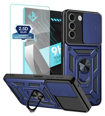 A product shot of a blue phone case and screen protector.