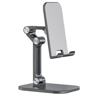 A gray adjustable phone and tablet stand on a white background.