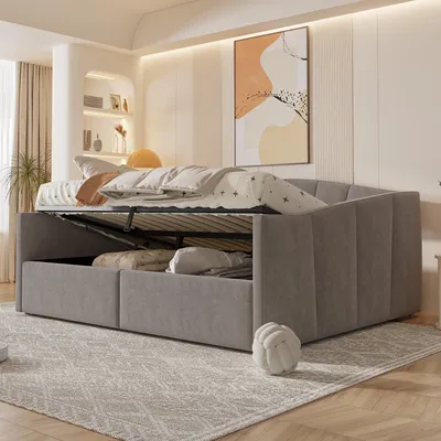 Image de OKWISH Lit Banquette 140x200 cm coffre avec accoudoirs - Sans Matelas - Revêtement Velours - gris foncé