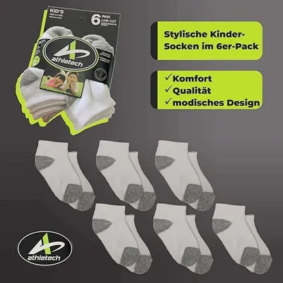 Produktbild von Athletech 6 Paar Low-Cut-Sportsocken für Kinder 3-5 Jahre bis Gr. 34 grau weiß