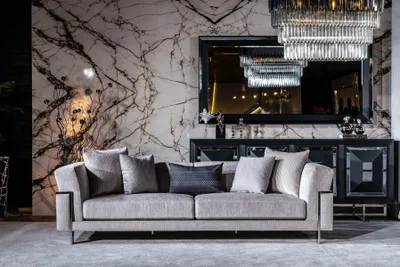 Produktbild von Sofa 3 Sitzer Couch Polster Sofas Wohnzimmer Stoff Grau Wohnlandschaft