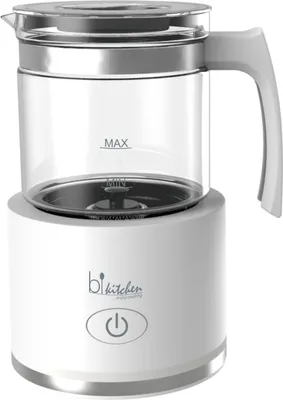 A product shot of a white electric kettle with a glass carafe.