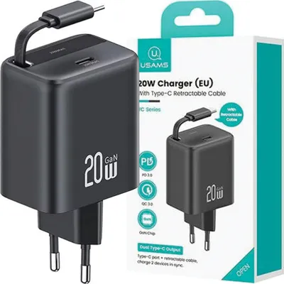 Obrázek produktu pro Usams Lad. Síť. 1Xusb-C Se Zasouvacím Usb-C Zatahovací Kabel Pd+Qc 20W Gan Pro Rychlé Nabíjení Černo/Černý Yc Series Cc233Tc01 (Us-Cc233)