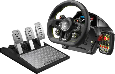 A racing wheel and pedal set for PC and consoles is displayed against a white background.
