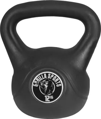 A black kettlebell with a logo and weight marking.