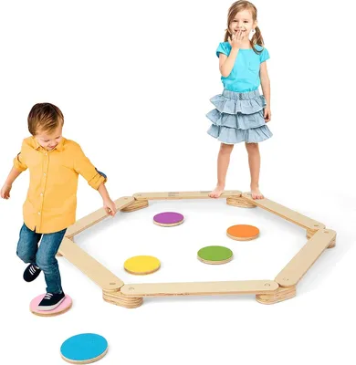 Produktbild von GOPLUS Kinder Balancierbalken, Schwebebalken Set aus Holz, 12-teilig Balancierbrett mit 6 farbige Trittsteine, Hindernisparcours für Kleinkinder, für Kinderzimmer Spielzimmer Kindergarten