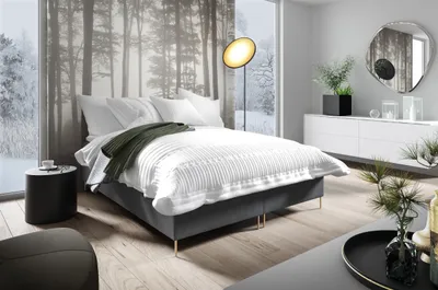 Produktbild von Sofello Boxspringbett 180 x 200cm ohne Kopfteil 2x Bettkasten TOPPER 5cm Gratis Grau Velour hohe goldene Beine