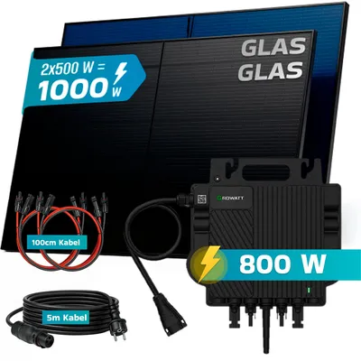 Produktbild von SUNNIVA® 1000W Balkonkraftwerk BIFAZIAL FULLBLACK komplett Steckdose GROWATT NEO-800M-X Wechselrichter, Komplettset 2x 500W PV Solaranlage Solarmodule