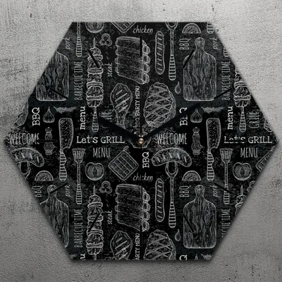 Produktbild von Uhr hexagonal 40 cm Glas Geräuschlos schwarze Zeiger - BBQ Skizze Kreidetafel