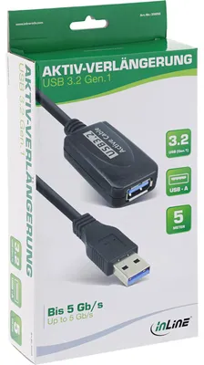 Produktbild von InLine USB 3.2 Gen.1 Aktiv-Verlängerung, Stecker A an Buchse A, schwarz, 5m, 5 m, USB A, USB A, USB 3.2 Gen 1 (3.1 Gen 1), Stecker/Buchse, Schwarz