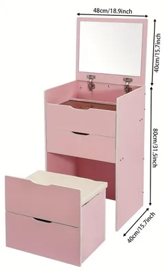 Image de Table de maquillage moderne et compacte avec miroir et tabouret – Espace de rangement avec 3 tiroirs – Bois