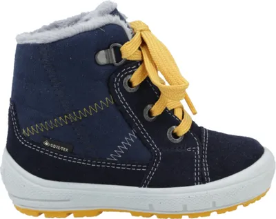 A single blue and yellow children's boot is shown against a white background.
