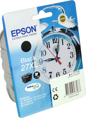 Produktbild von Epson Alarm clock Singlepack Black 27XL DURABrite Ultra Ink, High (L) Yield, Schwarz, Tinte auf Pigmentbasis, 17,7 ml, 1 Stück(e), 1100 Seiten