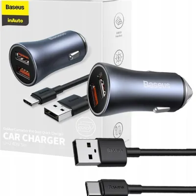 Image de Car Charger Baseus Golden Contactor Pro Dual, 40W, 3A, 2 x USB-A, with USB-C Cable, Grey TZCCJD-A0G