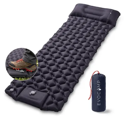 Produktbild von EVOCAMP Camping Luftmatratze mit integrierter Fußpumpe & Kissen, Isomatte ultraleicht 195x60 cm, Outdoor Schlafmatte, bis 150 kg, dunkelblau