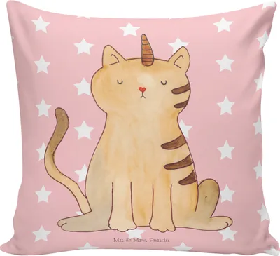 Produktbild von Mr. & Mrs. Panda Dekokissen Einhorn Katze - Rot Pastell - Geschenk, Glitzer, Sofa, Mieze, kissen für couch, Kuschel, Regenbogen, Kuschelkissen, Unicorn
