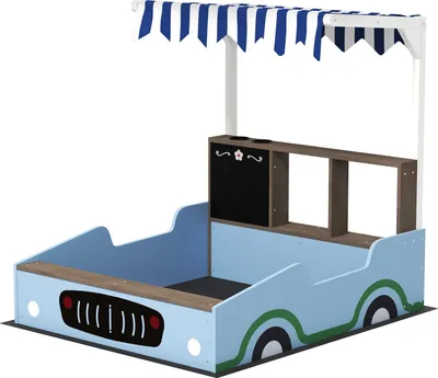 Produktbild von Sandkasten mit Dach, 90 x 108 cm Sandkiste aus Holz Sandbox mit Sitzbank, Zeichentafel, Pflanzkästen, Einkaufsladen-Design für 2 Kinder 3-7 Jahre Blau Aosom