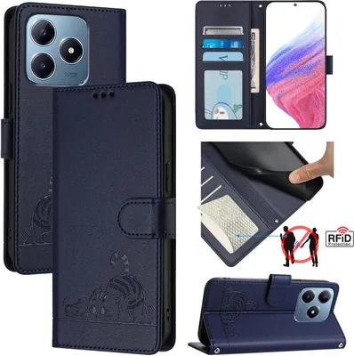 Produktbild von Leder Hülle für Realme C63/Realme C61 Süße Katze Flip Case Brieftasche Schutzhülle mit Standfunktion Blau
