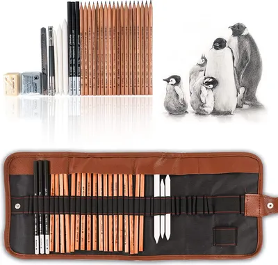 Produktbild von 29-teiliges professionelles Skizzier- und Zeichenwerkzeugset mit Graphitstiften, Kohlestiften, löschbarem Papierstift, Bastelmesser (ohne Skizzenbuch, mit Rolltasche aus Segeltuch)