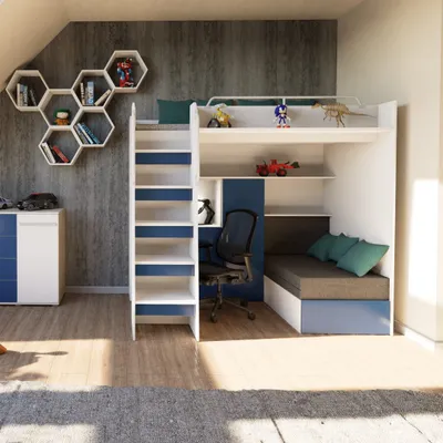 Produktbild von Marlux-Meble Hochbett JSM-7 90x200 TREPPE Links mit Schreibtisch Schränke und Ausklappbares Sofa 70x180 Matt Funktionsbett Etagenbett Stockbett Kinderhochbett Jugendhochbett (Blau Matt)