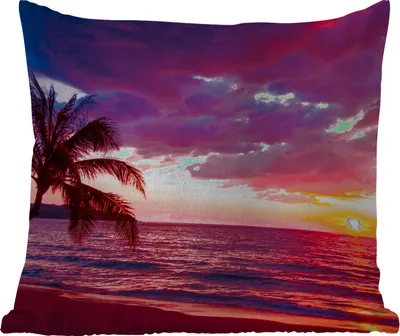 Produktbild von MuchoWow® Outdoor Kissen - Sonne - Horizont - Rosa - Palme - Meer - 40x40 cm - Wetterfest - Lounge Kissen - Kopfkissen - Interieur - Polster mit Bild