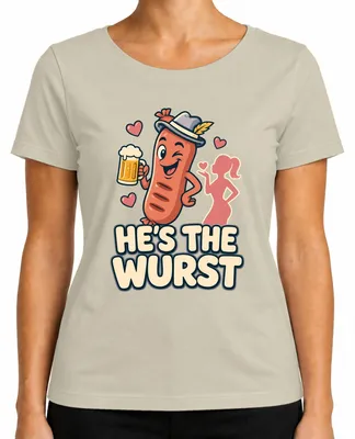 Produktbild von He's the Wurst Bratwurst Bier Tracht Trachtenshirt Lederhose Wiesn Damen T-Shirt, Natur, L
