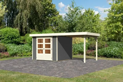 Produktbild von Karibu Gartenhaus Gerätehaus Askola 3,5 im Set mit Anbaudach 2,40 m Breite terragrau 462x246x211 cm