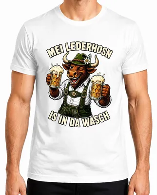 Productafbeelding van Mei Lederhosn wasmiddel, wasmiddel voor wollen kleding, traditioneel heren T-shirt met lederen broekmotief, wit, maat M