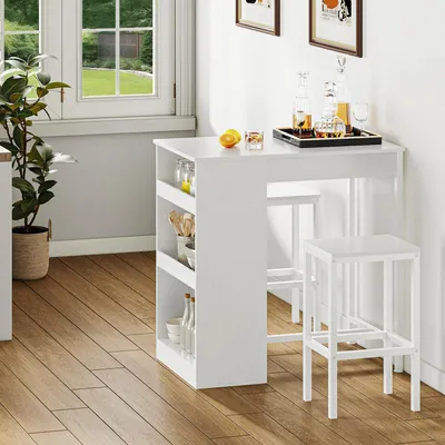 Immagine prodotto di Tavolo da bar con 2 sgabelli, 3 ripiani, struttura in metallo, colore bianco. Set da pranzo per 2 persone