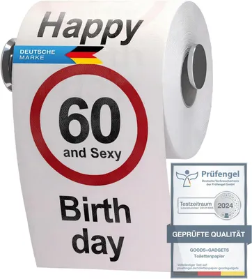A roll of toilet paper with birthday-themed printing.