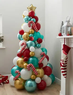 Produktbild von Ballon-Tannenbaum Set in Rot, Grün und Gold mit Zuckerstangen 180 cm -
