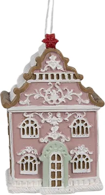 Produktbild von Clayre & Eef Weihnachtsanhänger Lebkuchenhaus 6x4x9 cm Rosa Polyresin