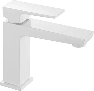 A white single-lever faucet for a washbasin, shown from a side-front angle against a white background.