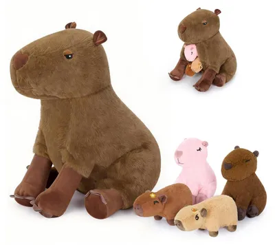 Image de Ensemble de 5 peluches capybaras : une mère de 40 cm et 4 petits de 14 cm, couleur marron