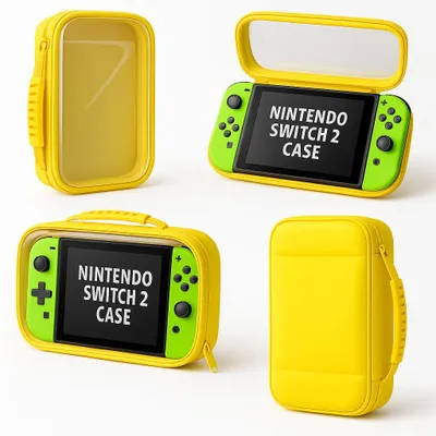 Produktbild von Sicherheit Tasche für die Nintendo Switch 2 – Hartschalen Etui mit Griff & Innenfach – stoßfest, wasserabweisend, mit Spielefächern gelb