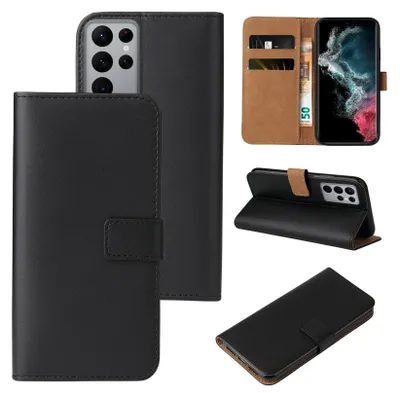 A collage of images showing a black flip phone case for a Samsung Galaxy S22 Ultra, with different views and angles.