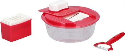 Produktbild von alpina Multireibe - Mit Auffangschale - Dünnschäler - 4 Reibegrößen - Weiß/Rot