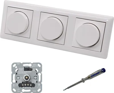 Produktbild von GIRA 245500 (3 Stück) LED Drehdimmer Dimmer + Dimmerscheiben Zentralscheiben 065003 in System55 reinweiß glänzend im 3-fach Rahmen inkl. EBROM Phasenprüfer zur Montage der Geräte