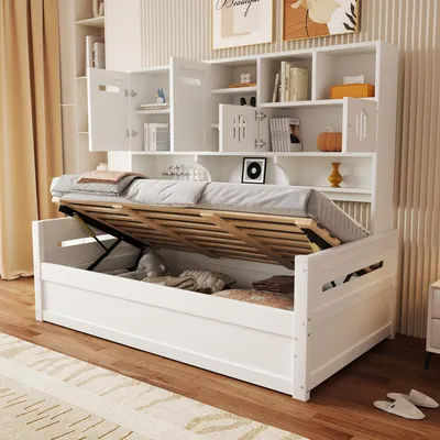 Immagine prodotto di Divano letto Sweiko in legno 90 x 200 cm, contenitore multifunzionale, letto idraulico, letto singolo, letto per ragazzi, struttura letto, bianco (materasso non incluso)