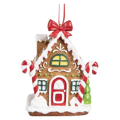 A Christmas ornament shaped like a gingerbread house.