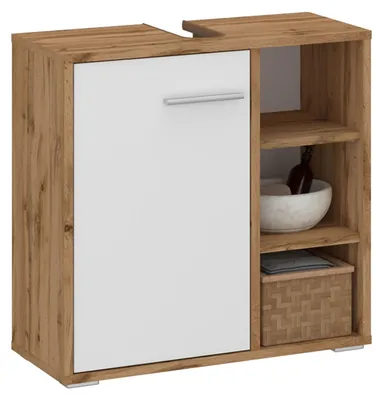 Produktbild von Waschbeckenunterschrank ORNA Wotan Eiche/weiß mit 1 Tür und 3 offenen Fächern, Waschbeckenschrank aus MDF-Spanplatte mit offenen Regalen und geschlossenem Fach hinter Tür