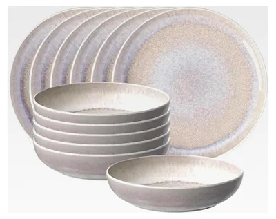 Produktbild von like. Perlemor Sand Tafelservice 12-teilig, Speiseteller (27 cm) und Pastaschalen (22 cm), Tafel-Set für 6 Personen, Premium Porzellan, Beige