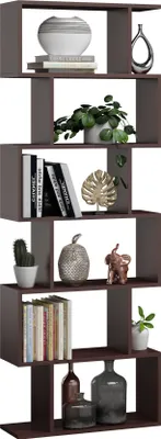 A modern, dark brown geometric bookshelf filled with various decorative items and books.