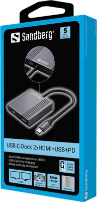 Image de SANDBERG Station d'accueil USB-C 2xHDMI+USB+PD