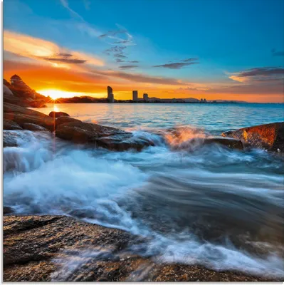Produktbild von ARTland Glasbild Sonnenuntergangszeit am Hua-Hin Strand Größe: 20x20 cm
