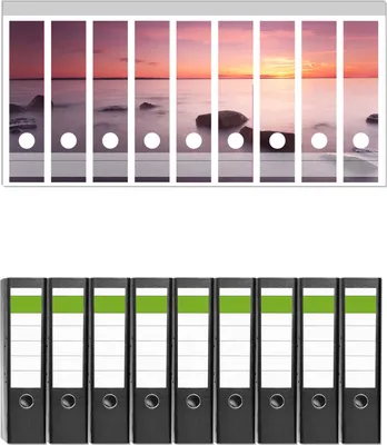 Produktbild von Wallario 9 Stück breite Ordner inkl. Klebeetiketten mit Motive Nebel am See bei Sonnenuntergang -  Set mit Rückenschildern / Ordnerrücken Stickern