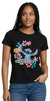 Produktbild von Lilo & Stitch | Stitch Mit Hawaiianischen Blumen Frauen T-Shirt, M, Schwarz